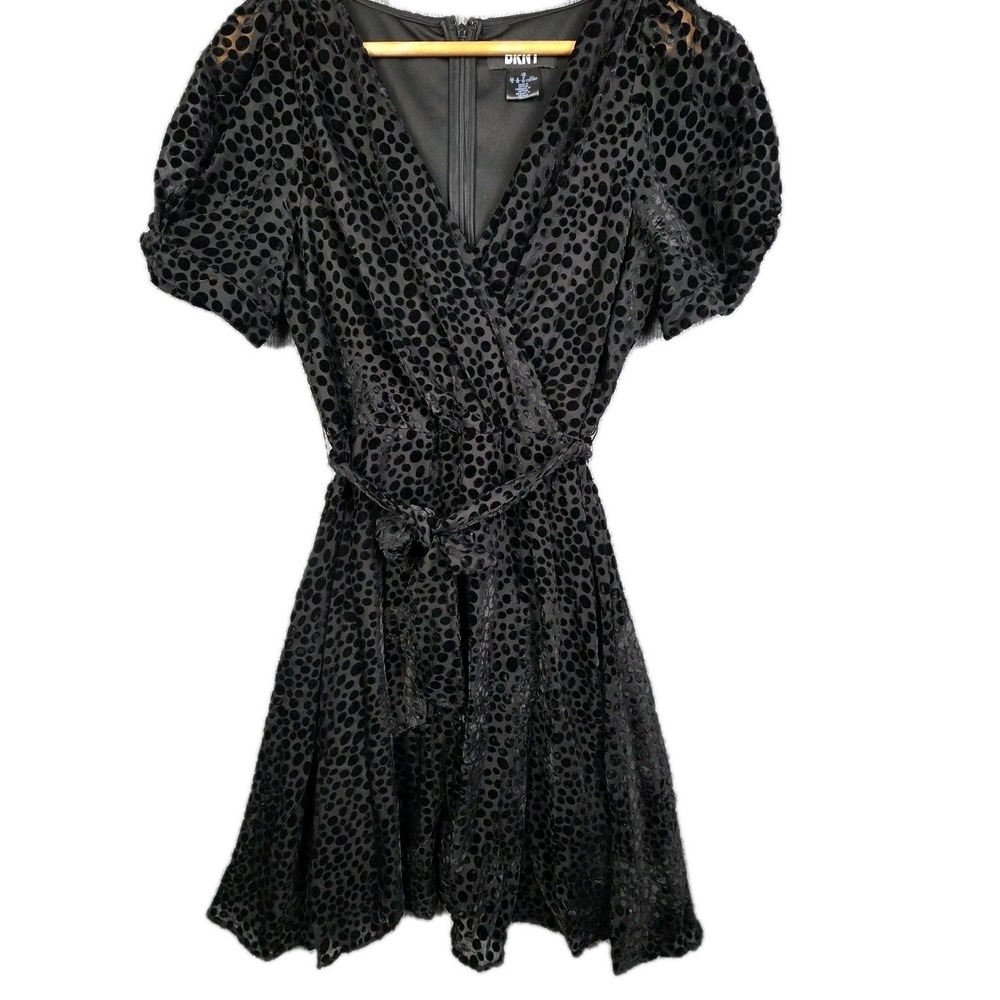 DKNY‎ Wrap Dress 12 Black Sheer Velvet Burnout Midi Witchy WhimsyGoth Dark Fairy